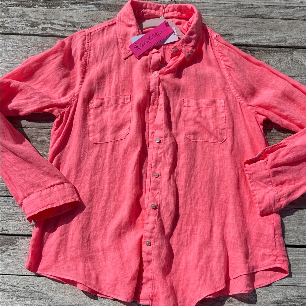Lilly Pulitzer NWT‎ Sea View Linen Button Down Top Sunrise Coral  Size Large